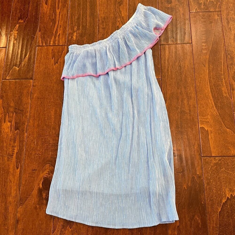 LILLY PULITZER Emmeline Dress Seersucker Lapis Blue Off One Shoulder Mini Sz S - Picture 4 of 9